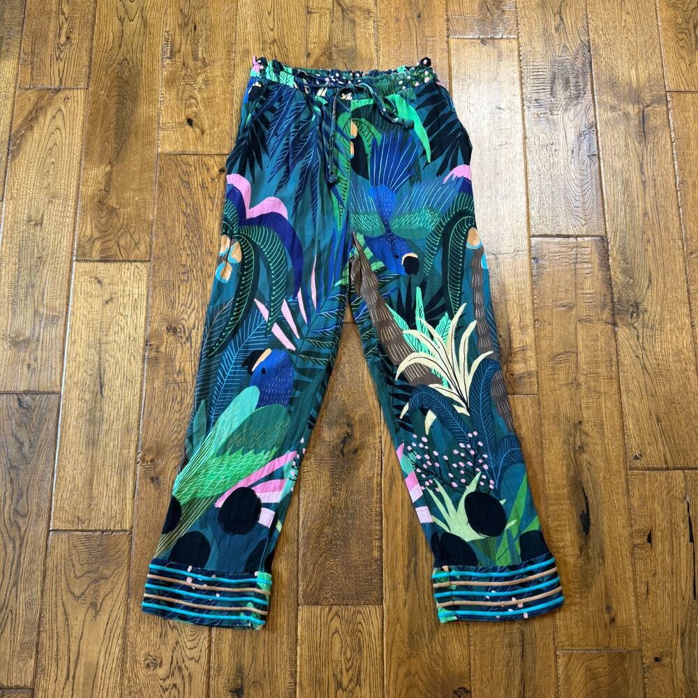 Anthropologie Tropical Print Green Blue Pink Wide-Leg Pants